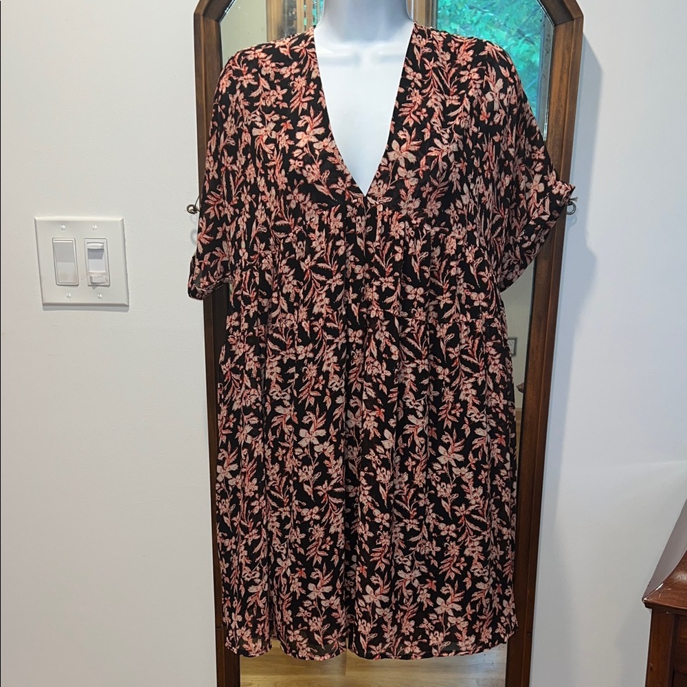 Free People Floral Deep V Neck Babydoll Mini Dress M